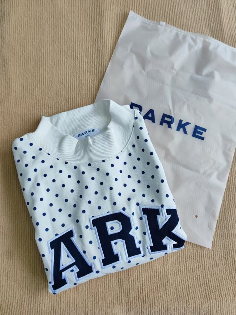 PARKE Varsity Blue Polka Dot Mock Neck Sweatshirt - Picture 7 of 7